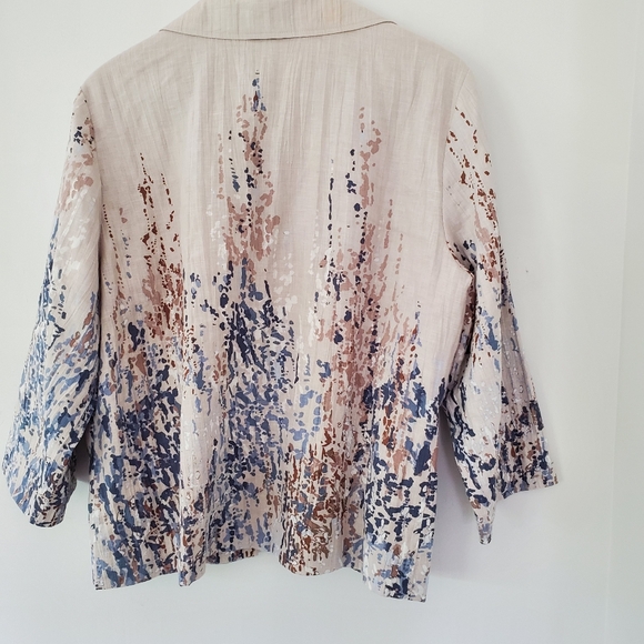 COLDWATER CREEK L 100% Linen Open Front Blazer Jacket 3/4 Sleeve Watercolors EUC - Picture 13 of 15
